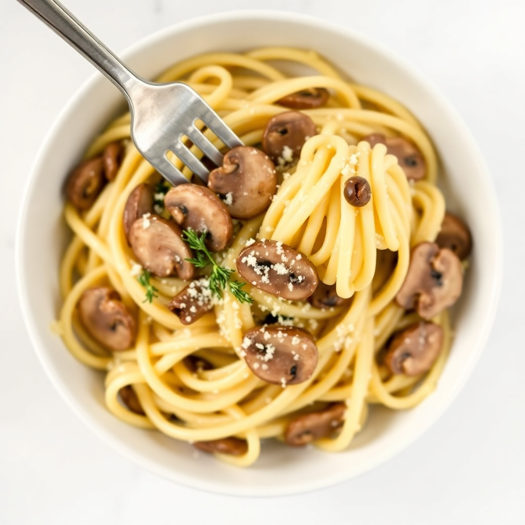 Creamy mushroom pasta step 5: plated creamy fettuccine with Parmesan melted in, parsley and black pepper on top Plated pasta with melted Parmesan and parsley
