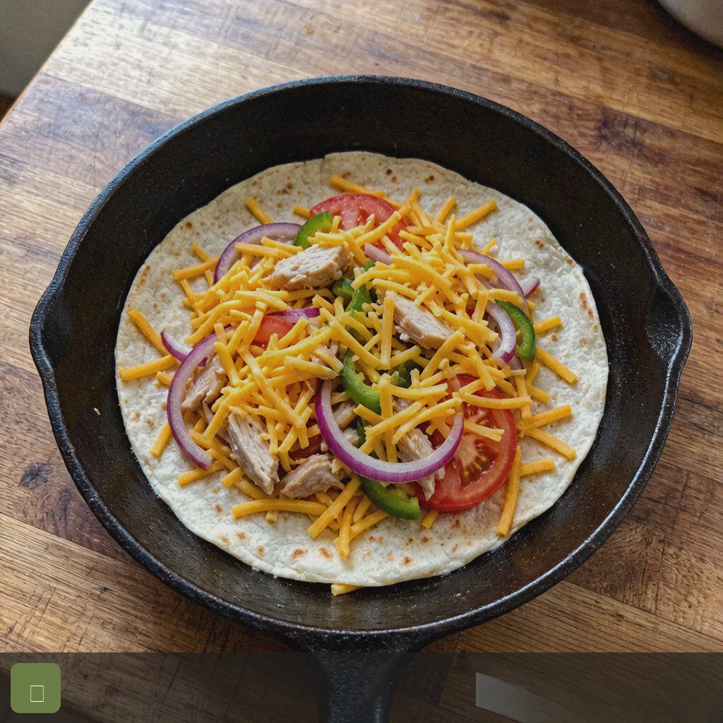 Easy quesadilla recipe step 3: layer cheese and fillings