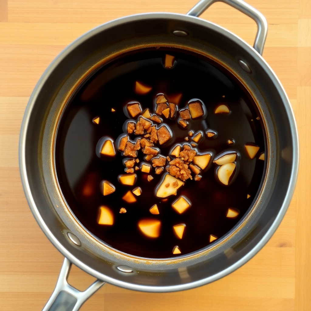 Easy teriyaki sauce step 2: soy sauce, mirin, sake and sugar being mixed in a bowl with ginger and garlic, sugar dissolving Soy sauce, mirin, and sugar being mixed