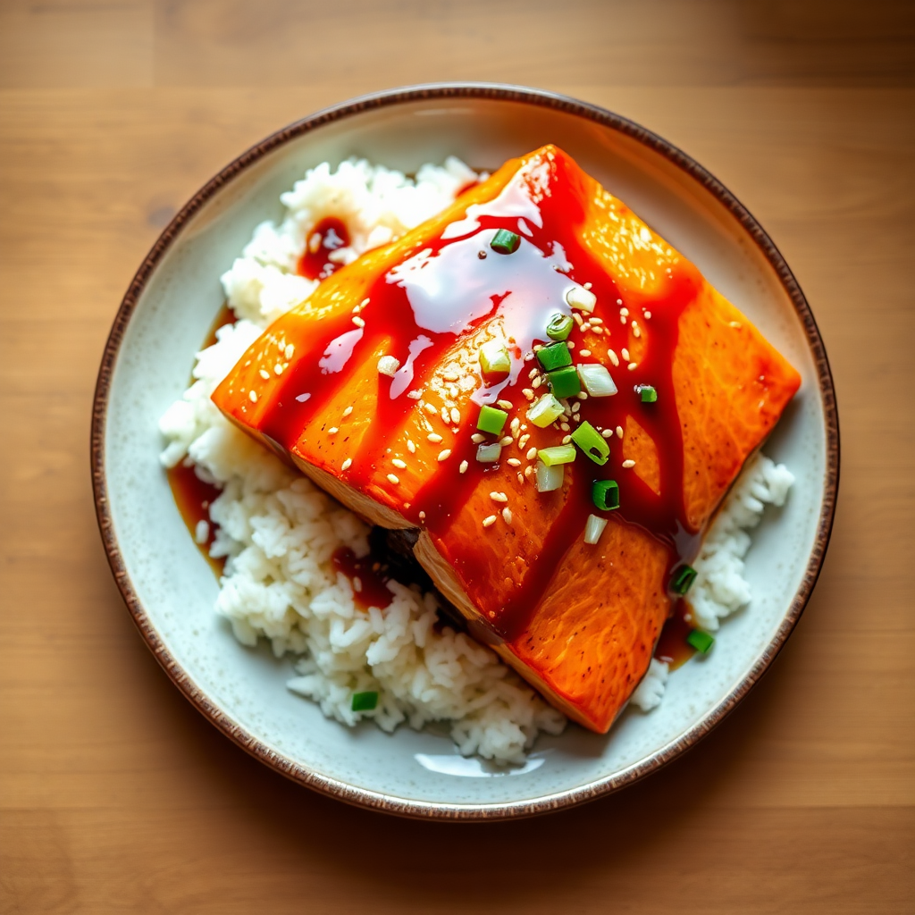 Easy teriyaki sauce step 5: teriyaki chicken plated with rice, sesame seeds and chopped scallions, sauce drizzled over rice Teriyaki chicken plated with rice and sesame seeds