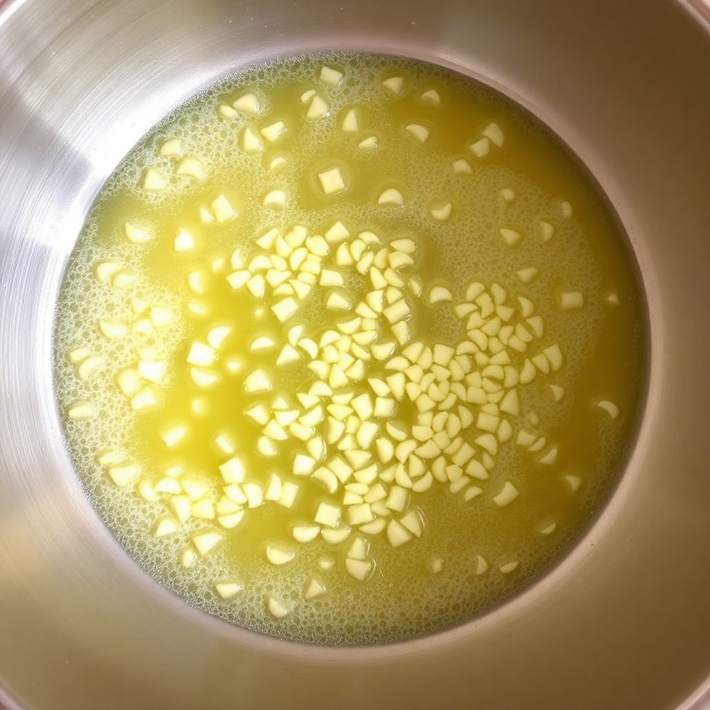 Garlic butter shrimp step 2: minced garlic sizzling in melted butter in a skillet, turning light golden and fragrant Garlic minces sizzling in melted butter