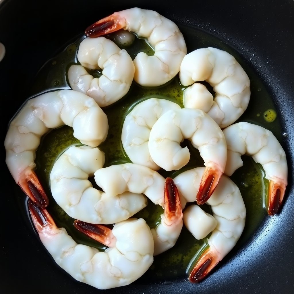 Garlic butter shrimp step 3: raw shrimp cooking in garlic butter in a single layer, bottoms turning pink and golden Shrimp cooking in garlic butter