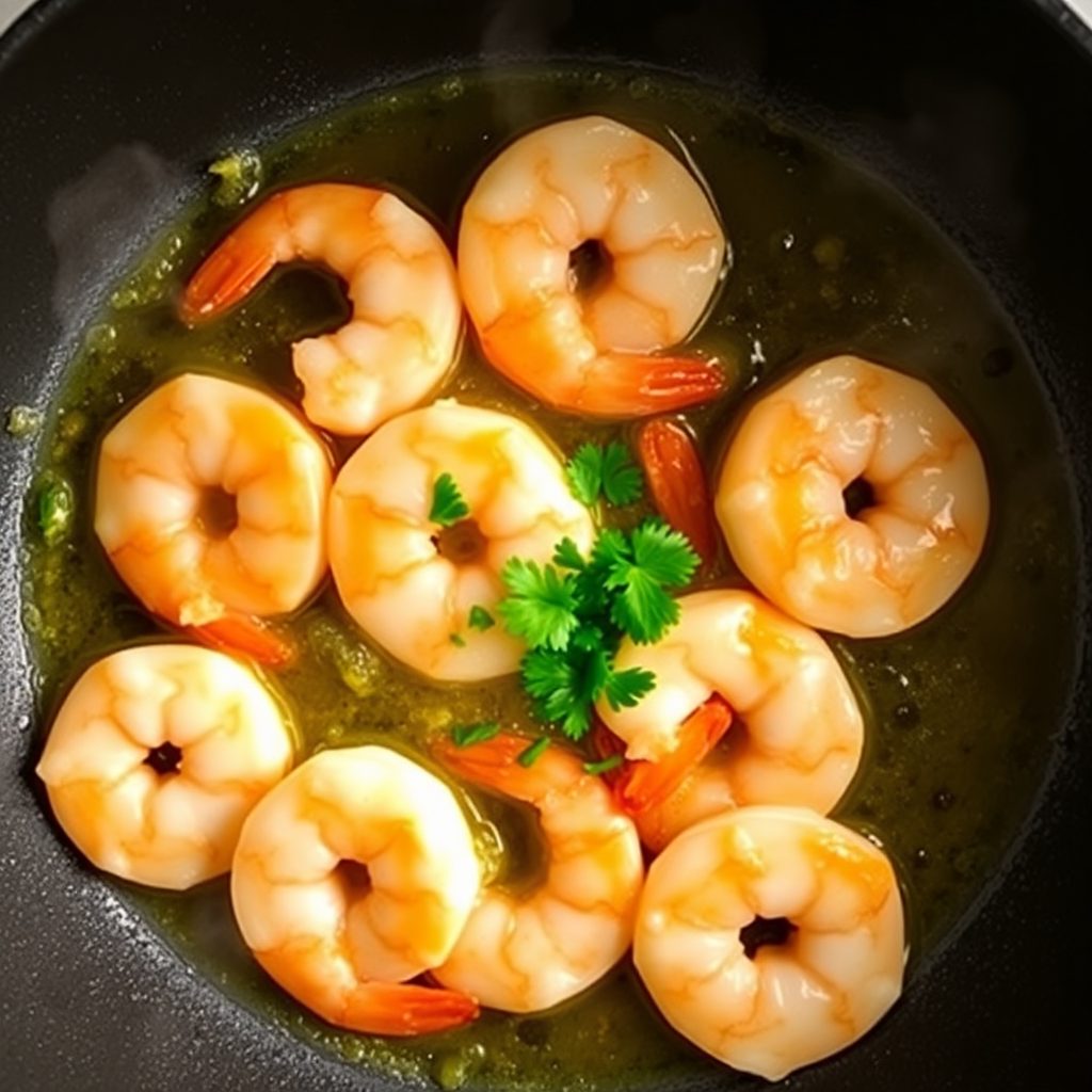 Garlic butter shrimp step 4: shrimp being flipped, remaining butter and parsley added, shrimp turning fully pink and glossy Shrimp flipped and parsley added