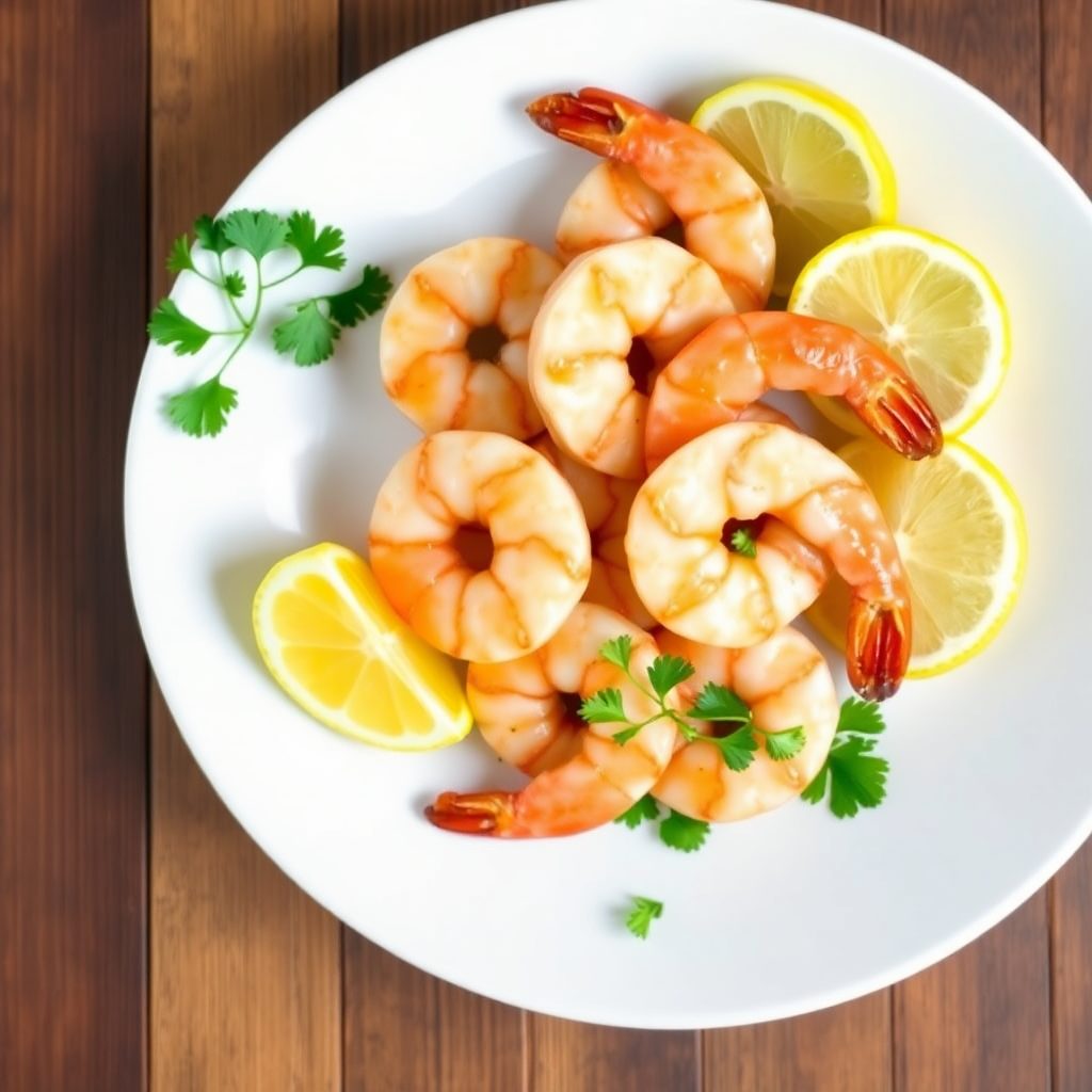 Garlic butter shrimp step 5: plated shrimp with garlic butter sauce drizzled on top, lemon wedges and fresh parsley on the side Finished garlic butter shrimp plated