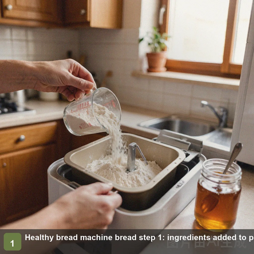 Healthy bread machine bread step 1: ingredients added to pan, yeast nested in flour Healthy bread machine bread step 1: ingredients added to pan, yeast nested in flour