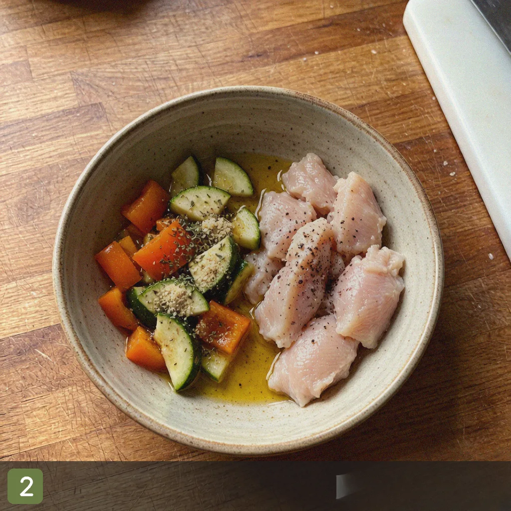 Healthy sheet pan dinner step 2: toss in herb oil