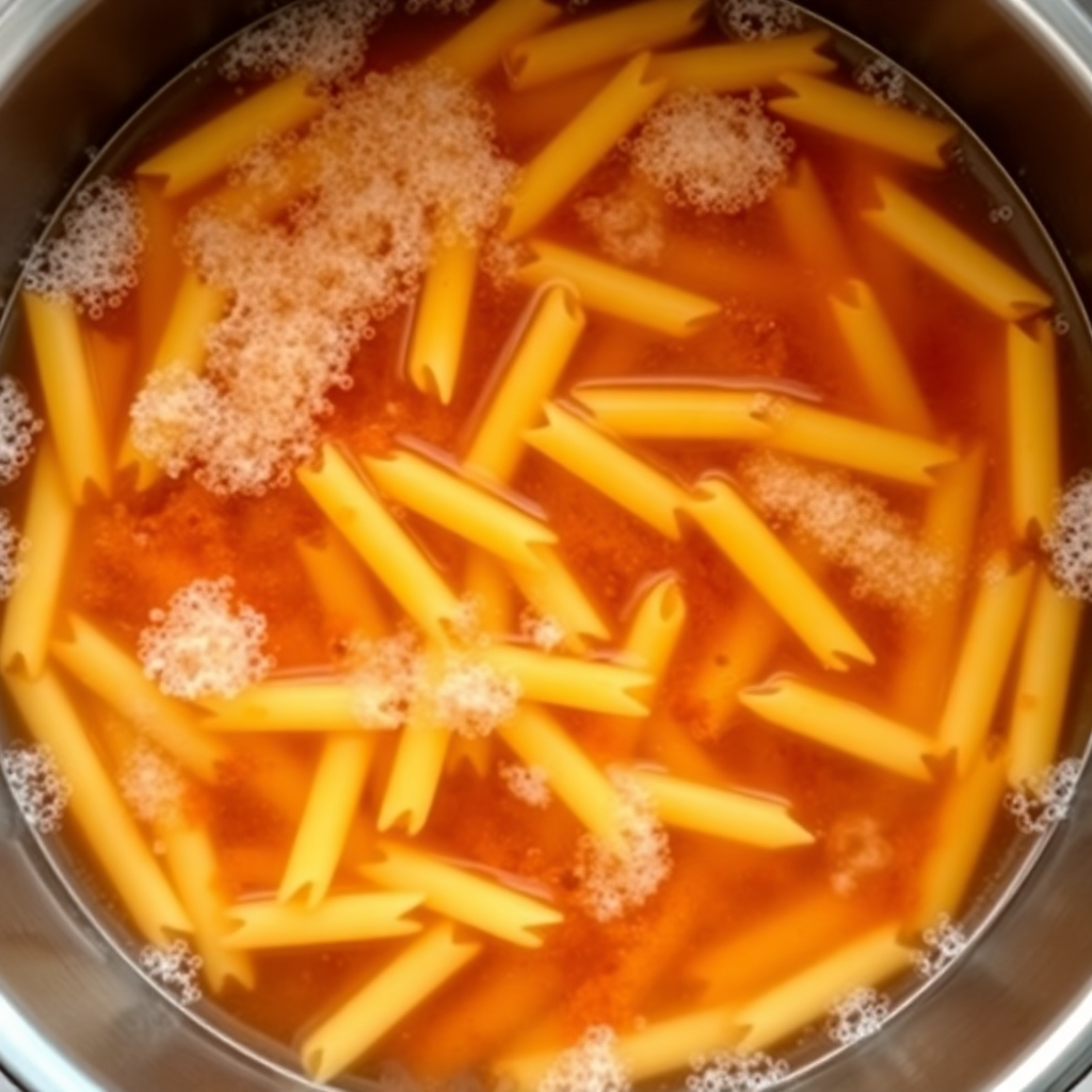 Homemade pasta sauce step 4: sauce simmering gently on low heat, thickening and deepening in color Sauce simmering and thickening