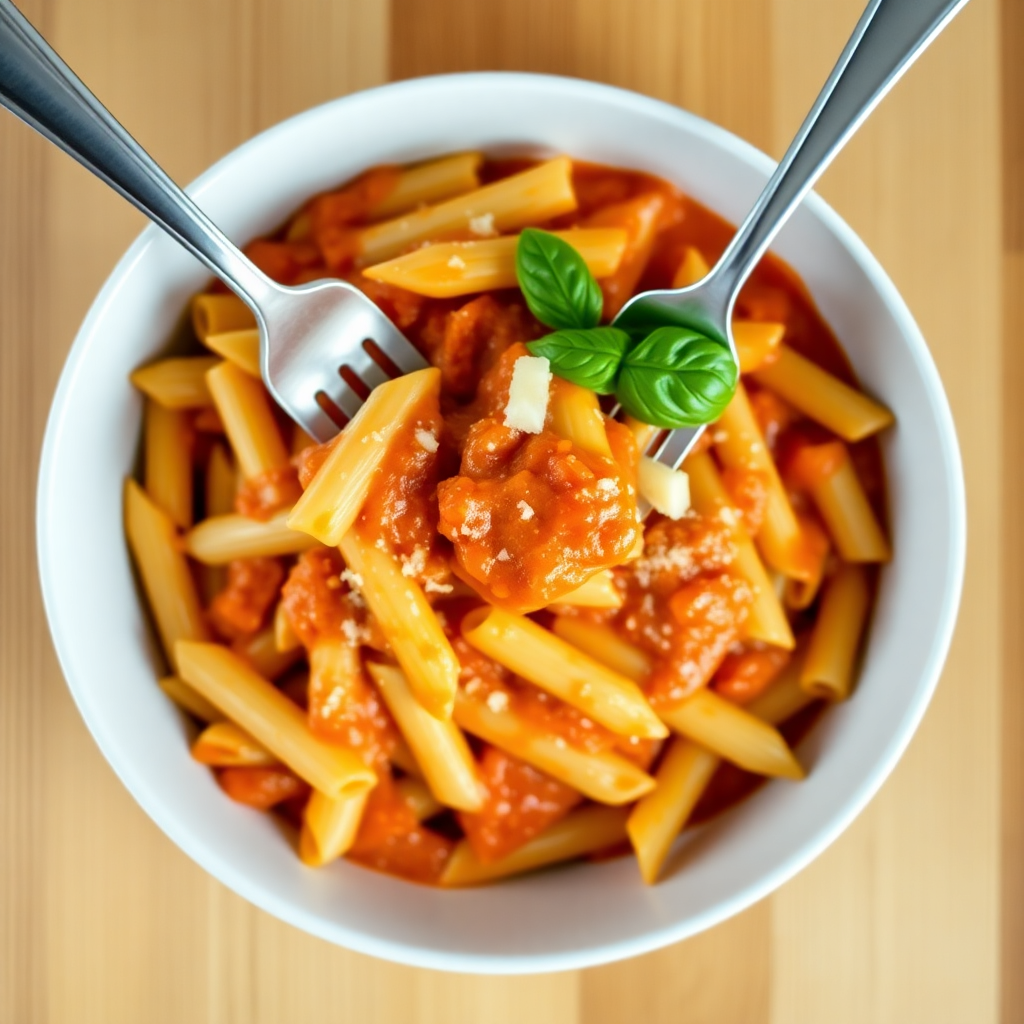 Homemade pasta sauce step 5: rich homemade sauce ladled over cooked pasta, Parmesan being grated on top Sauce ladled over cooked pasta with Parmesan