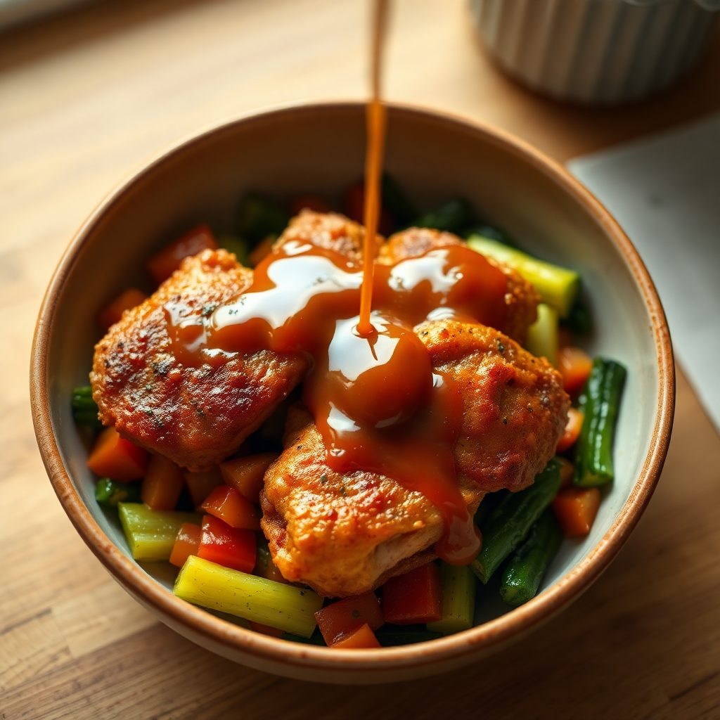 Homemade stir fry sauce step 5: finished stir fry plated, sauce coating every piece of chicken and vegetables, glossy and appetizing Finished stir fry with glossy sauce