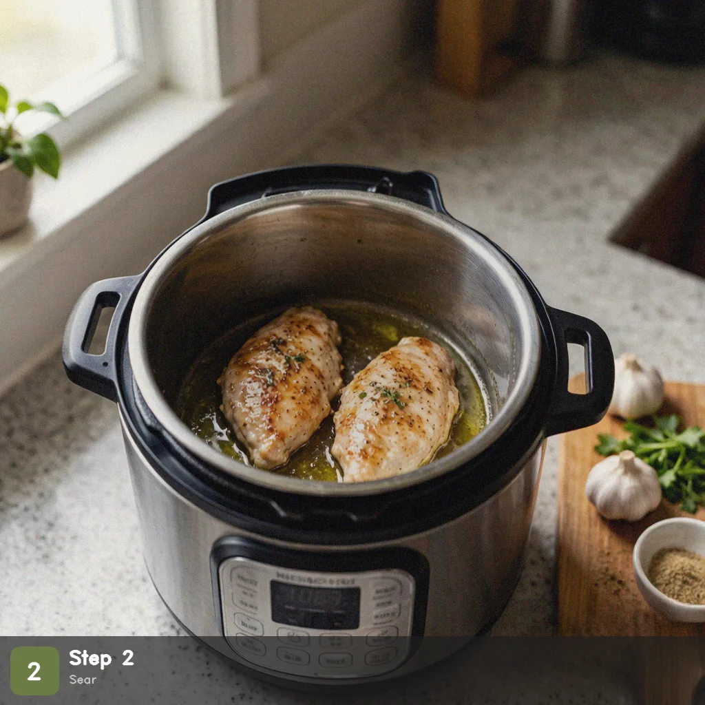Instant pot chicken breast step 2: sear chicken in pot