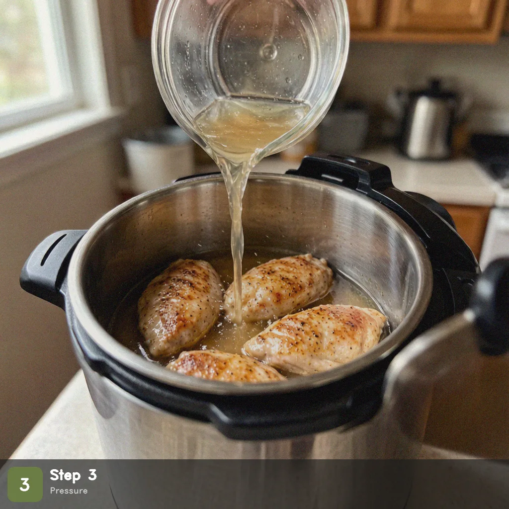 Instant pot chicken breast step 3: add broth and seal lid