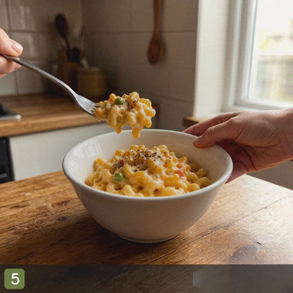Kid friendly quick dinner step 5: plated cheesy pasta