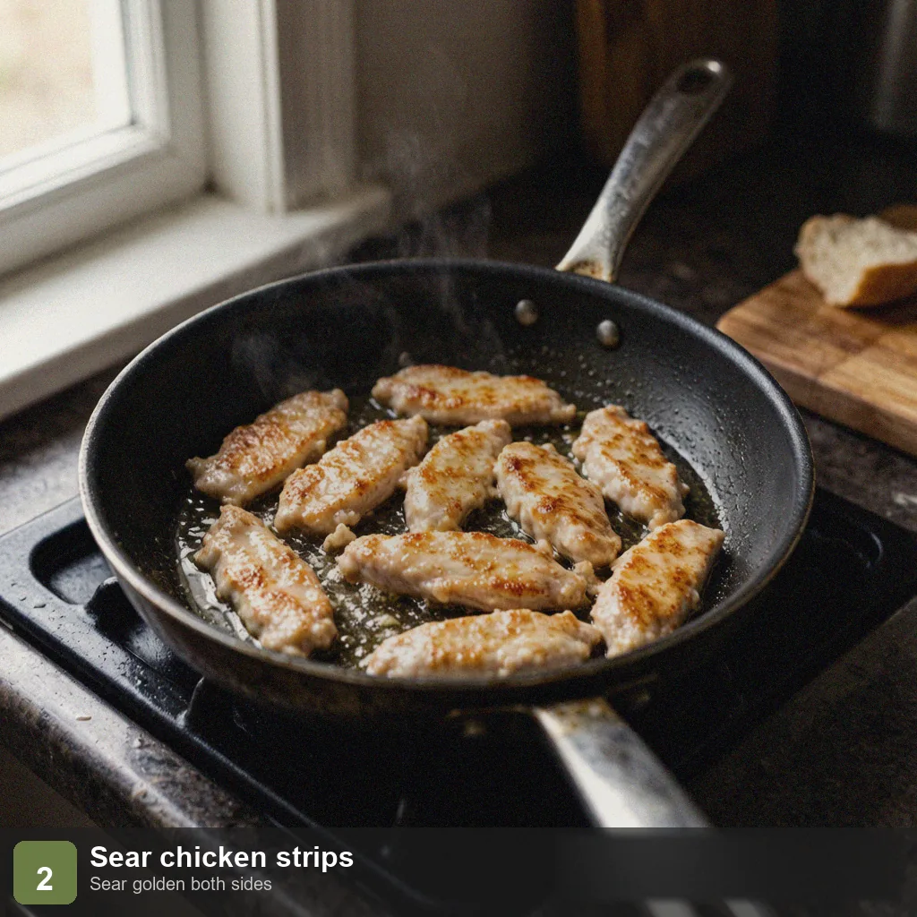 Low sodium 15 minute dinner step 2: chicken strips searing golden in skillet with olive oil, no salt