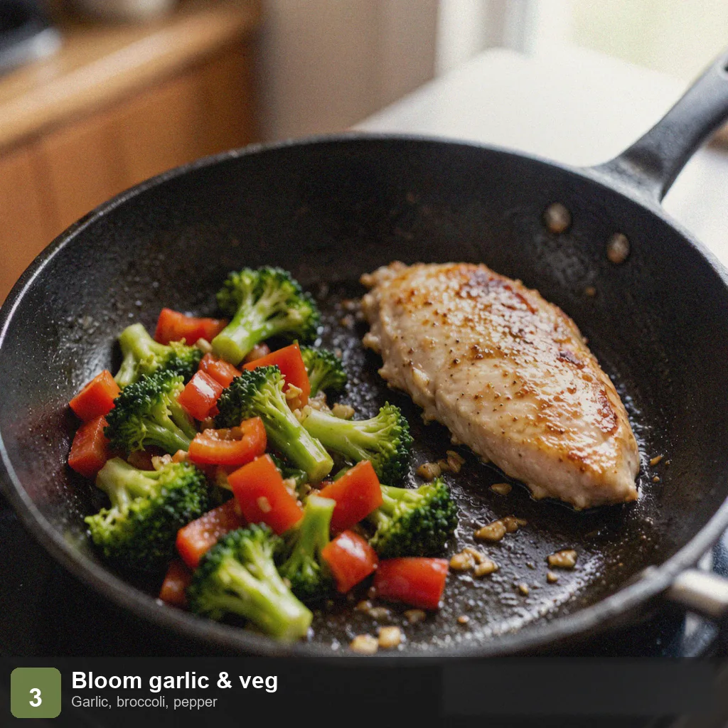 Low sodium 15 minute dinner step 3: garlic sizzling with chicken, broccoli and pepper added to skillet