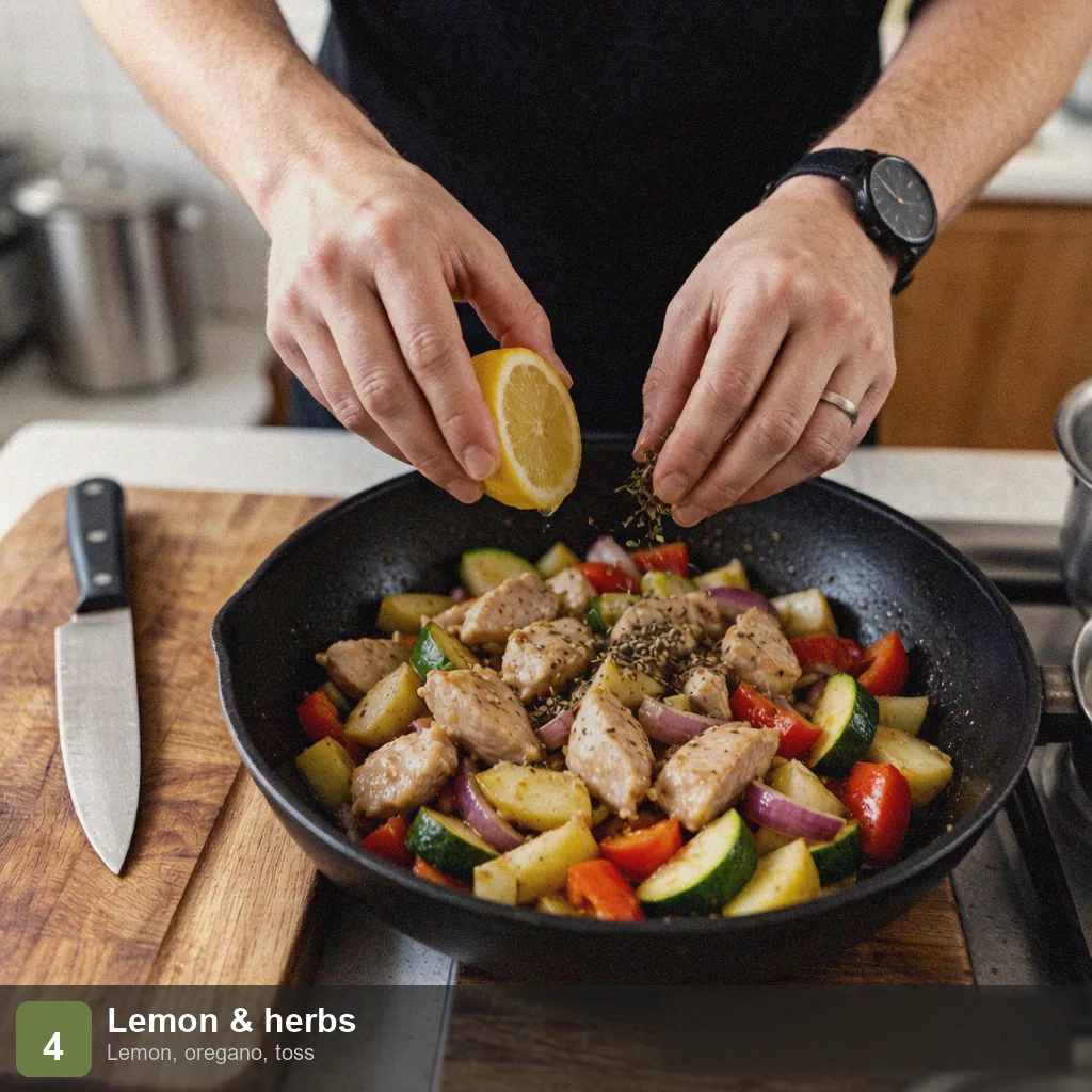 Low sodium 15 minute dinner step 4: lemon juice, oregano and pepper tossed with chicken and veggies in pan
