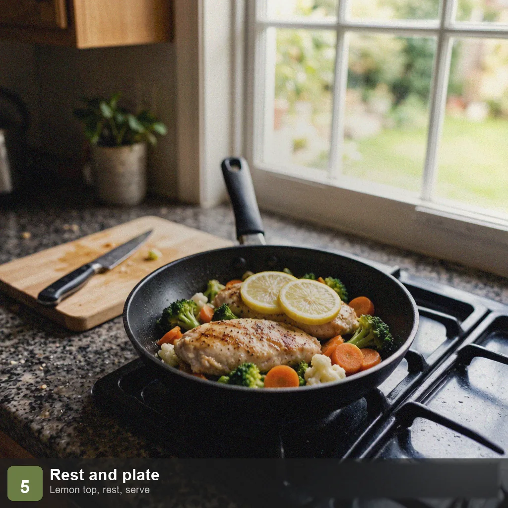 Low sodium 15 minute dinner step 5: plated chicken and veggies with lemon slices, no salt added, ready to serve