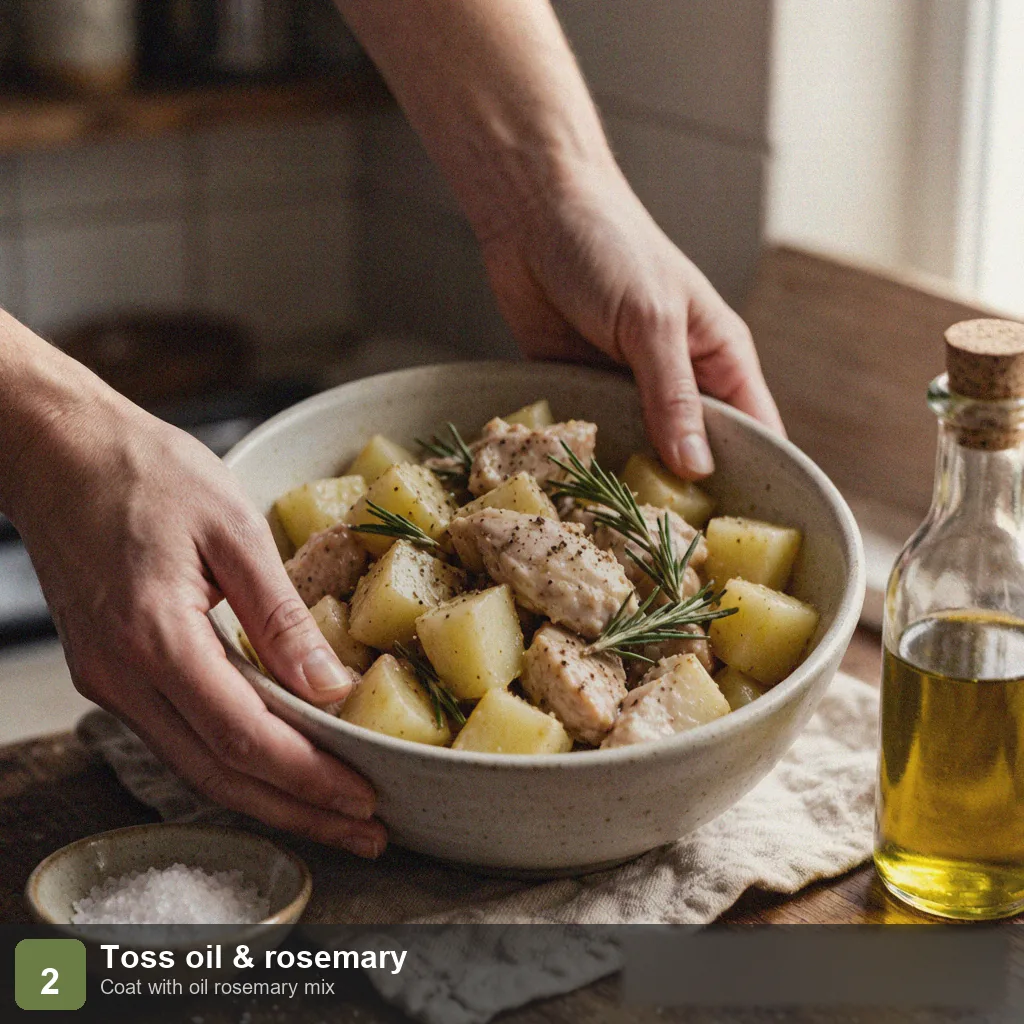 Low sodium 5 ingredient recipes step 2: potatoes and chicken tossed in olive oil rosemary mix