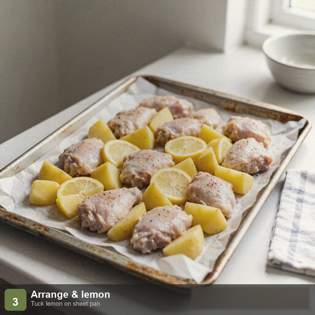 Low sodium 5 ingredient recipes step 3: arranged on sheet pan with lemon slices, no overcrowding
