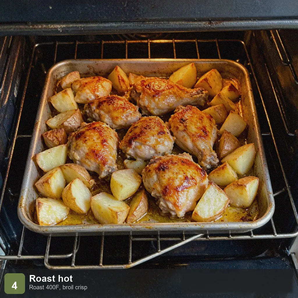 Low sodium 5 ingredient recipes step 4: baking at 400F, chicken golden, potatoes caramelized