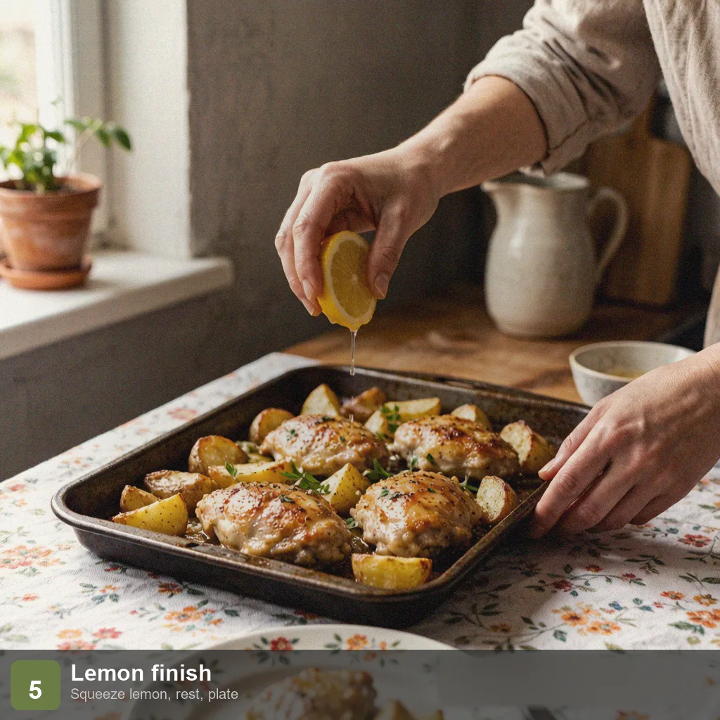 Low sodium 5 ingredient recipes step 5: lemon juice squeezed over baked chicken and potatoes, rested, no salt
