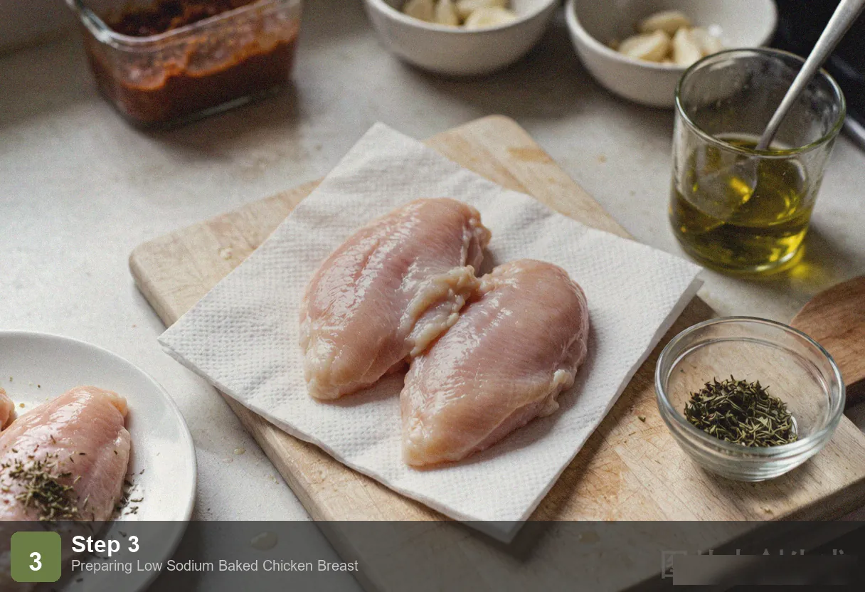 Low sodium baked chicken breast step 3: chicken breasts coated with herb marinade in a zip-top bag