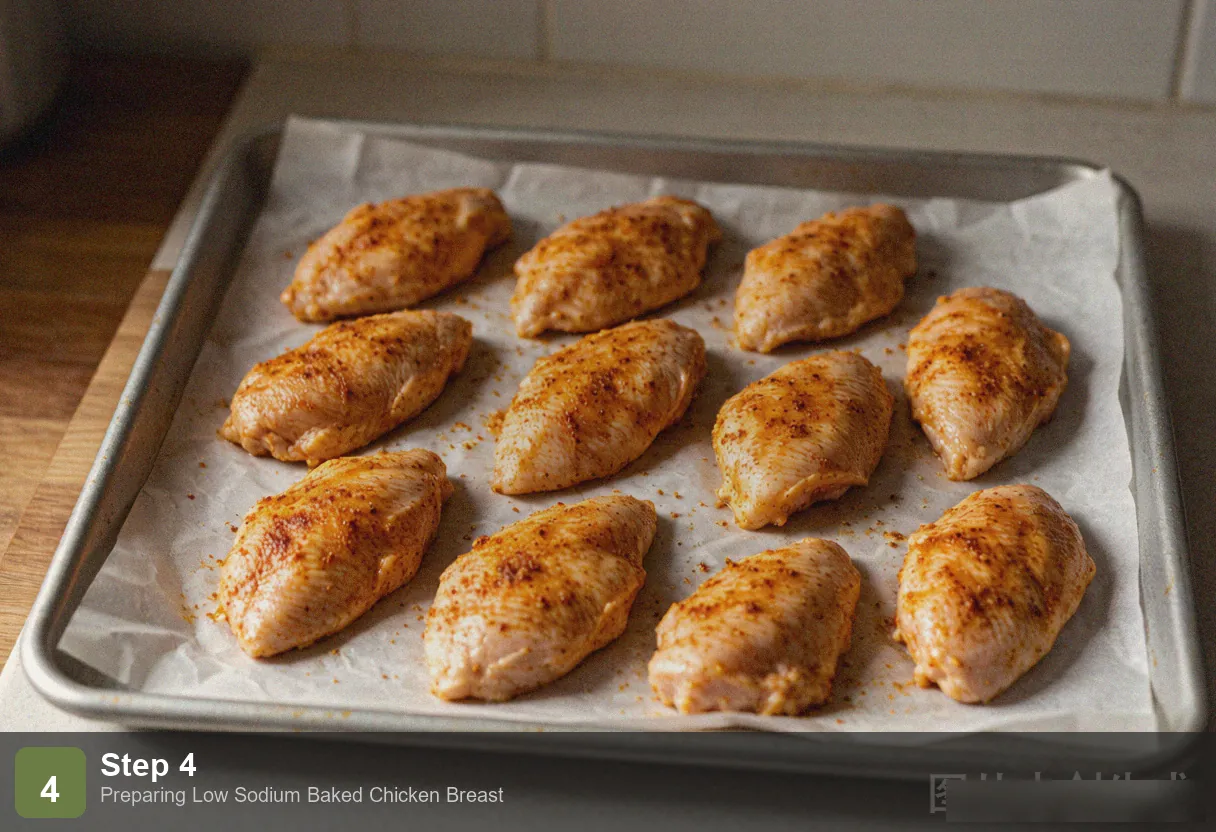 Low sodium baked chicken breast step 4: chicken breasts baking in oven with lemon slices and garlic, golden herb crust forming
