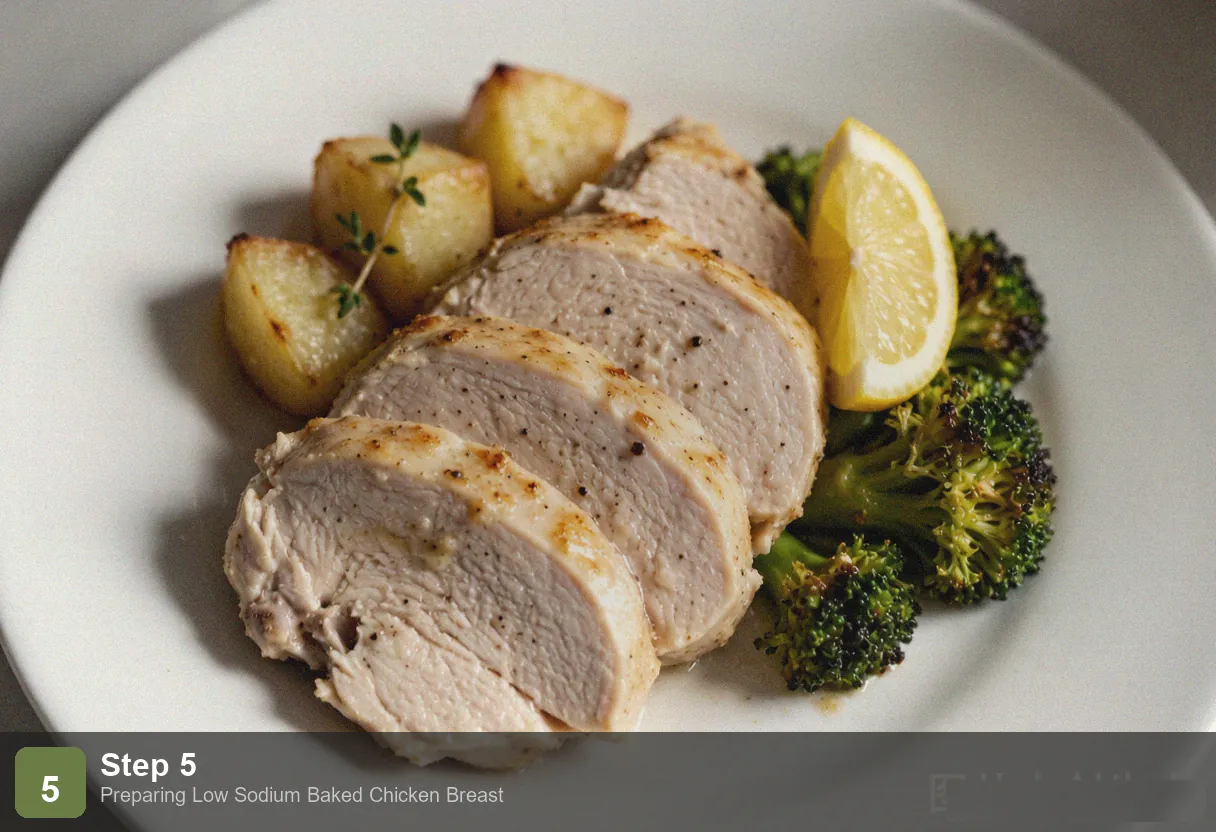 Low sodium baked chicken breast step 5: sliced chicken breast on a cutting board, juicy interior with herb crust, lemon wedges