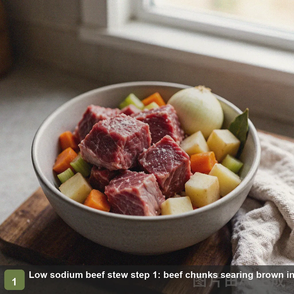 Low sodium beef stew step 1: beef chunks searing golden brown in a heavy pot, no salt added Low sodium beef stew step 1: beef chunks searing brown in a pot, no salt added