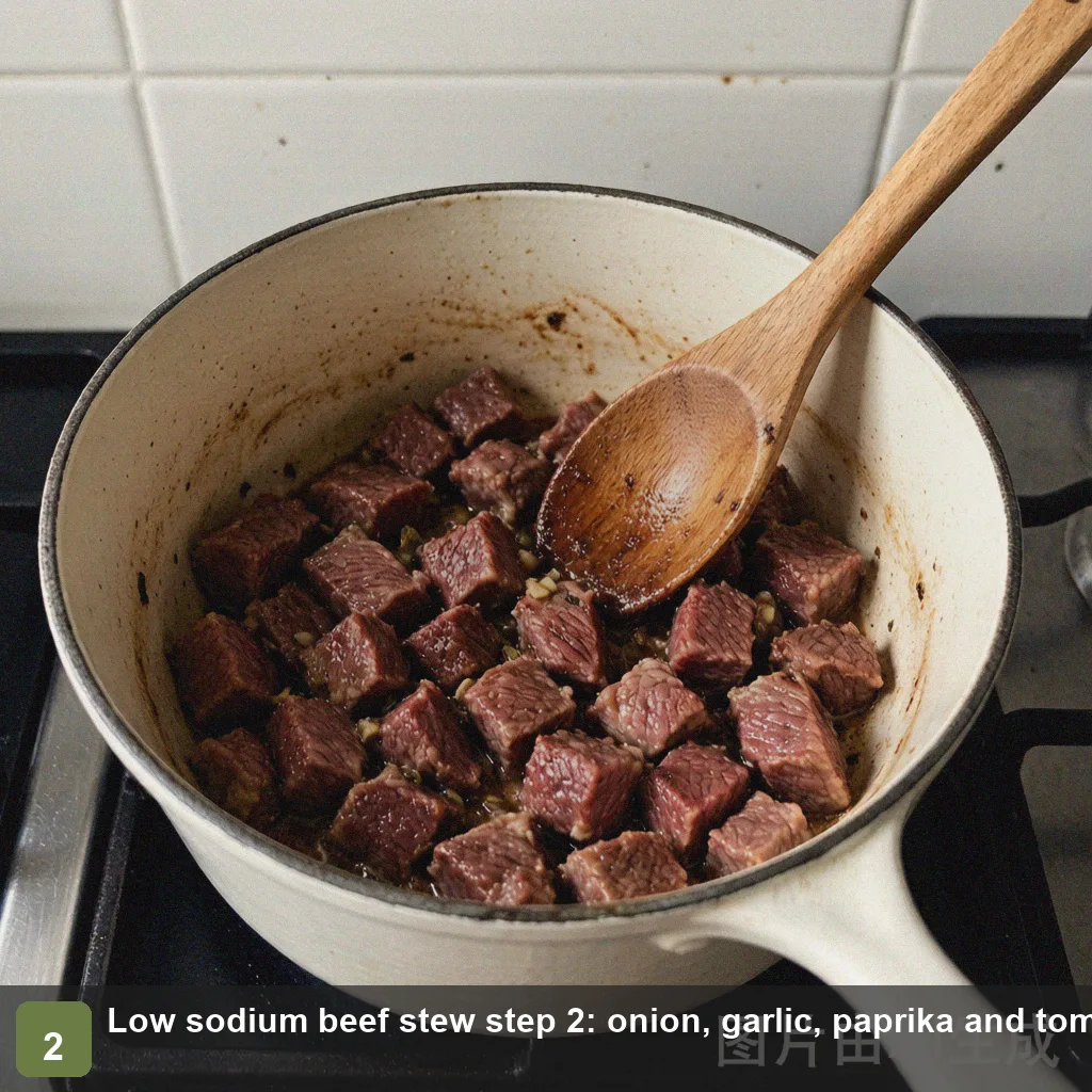 Low sodium beef stew step 2: onion, garlic, smoked paprika and tomato paste sizzling in the pot Low sodium beef stew step 2: onion, garlic, paprika and tomato paste sizzling in the pot