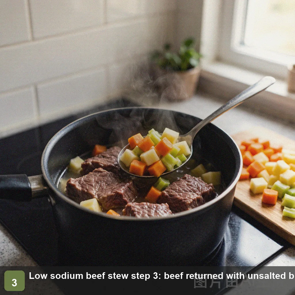 Low sodium beef stew step 3: beef returned to the pot with unsalted broth and tomatoes, simmering gently Low sodium beef stew step 3: beef returned with unsalted broth and tomatoes, simmering gently