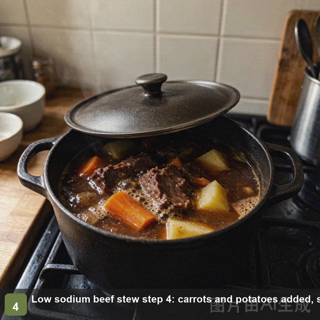 Low sodium beef stew step 4: carrots and potatoes added to the pot, stew simmering until tender Low sodium beef stew step 4: carrots and potatoes added, stew simmering until tender