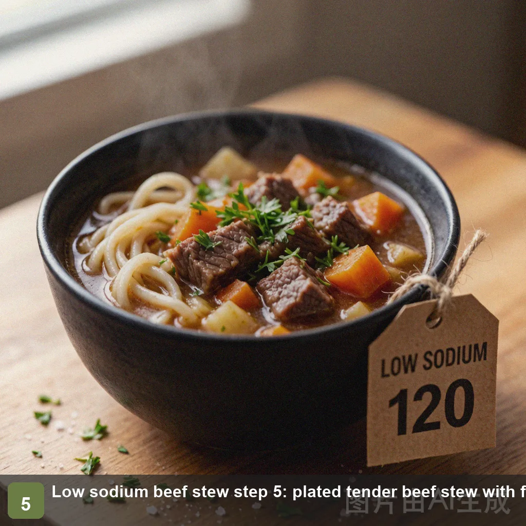 Low sodium beef stew step 5: plated fork-tender beef stew with fresh herbs, ready to serve, no salt added Low sodium beef stew step 5: plated tender beef stew with fresh herbs, ready to serve