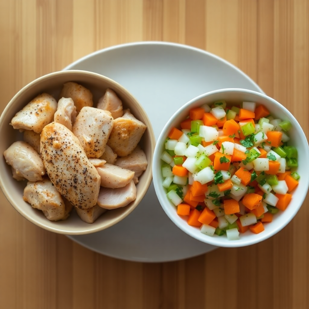 Low sodium chicken soup step 1: raw chicken breast, carrots, celery, onion, garlic and ginger prepared on a cutting board Low sodium chicken soup step 1: raw chicken breast, carrots, celery, onion, garlic and ginger prepared on a cutting board