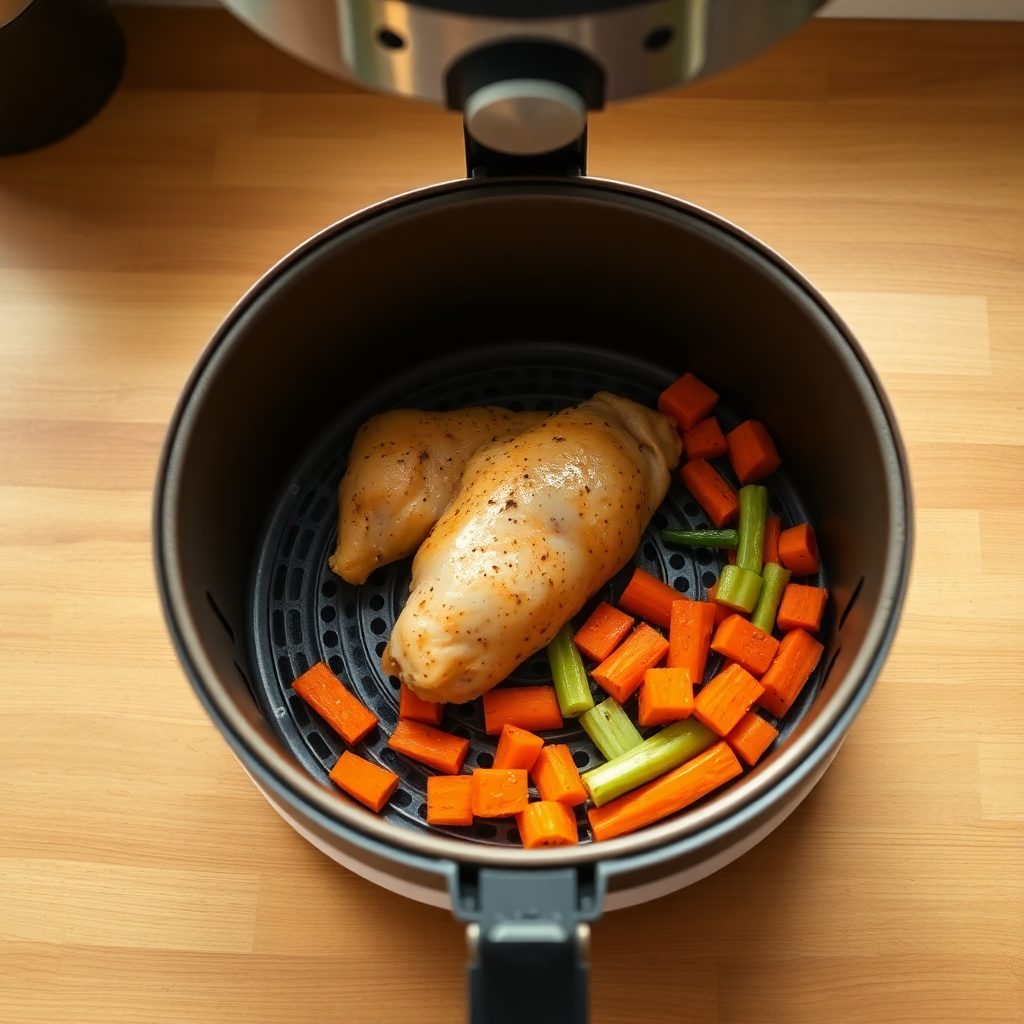 Low sodium chicken soup step 2: chicken being blanched in boiling water, gray foam being skimmed off the surface