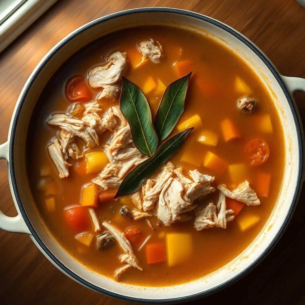 Low sodium chicken soup step 3: blanched chicken returned to pot with vegetables and water, bringing to a boil