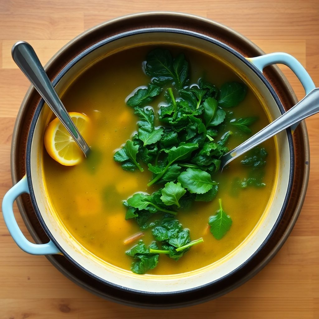 Low sodium chicken soup step 4: soup simmering gently on low heat, clear golden broth forming, lid slightly ajar