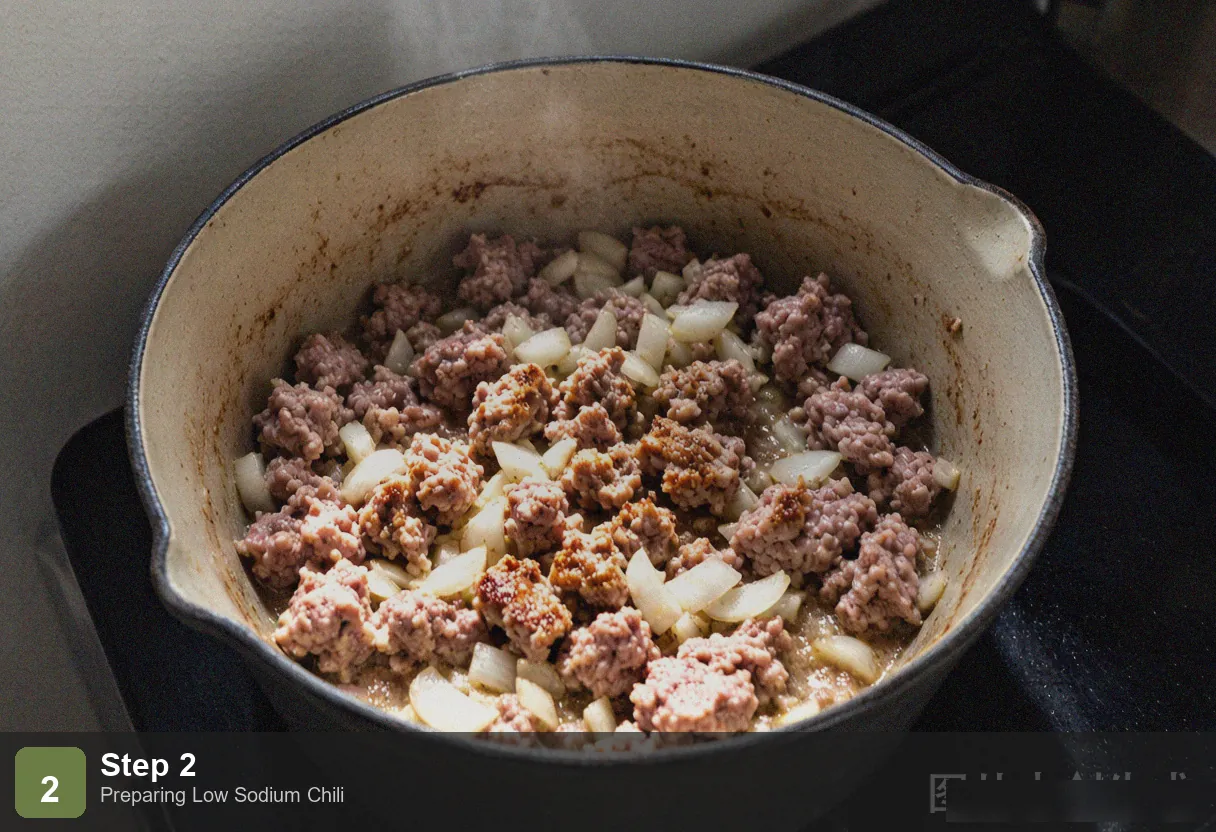 Low sodium chili step 2: ground turkey browning in the pot, broken into small crumbles Low sodium chili step 2: ground turkey browning in the pot, broken into small crumbles