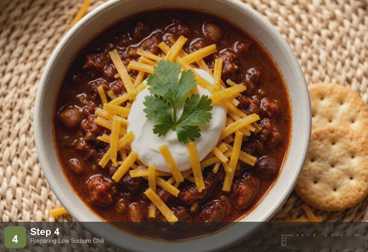 Low sodium chili step 4: pot of chili simmering with tomatoes, beans and ground turkey, rich red-brown color Low sodium chili step 4: pot of chili simmering with tomatoes, beans and ground turkey, rich red-brown color