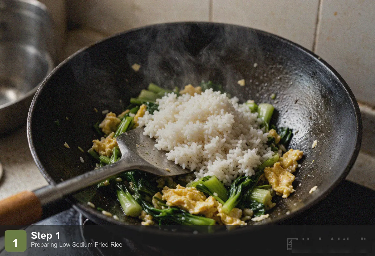 Low sodium fried rice step 1: prepared ingredients laid out - cold rice, beaten egg, diced vegetables, minced garlic and ginger Low sodium fried rice step 1: prepared ingredients laid out - cold rice, beaten egg, diced vegetables, minced garlic and ginger