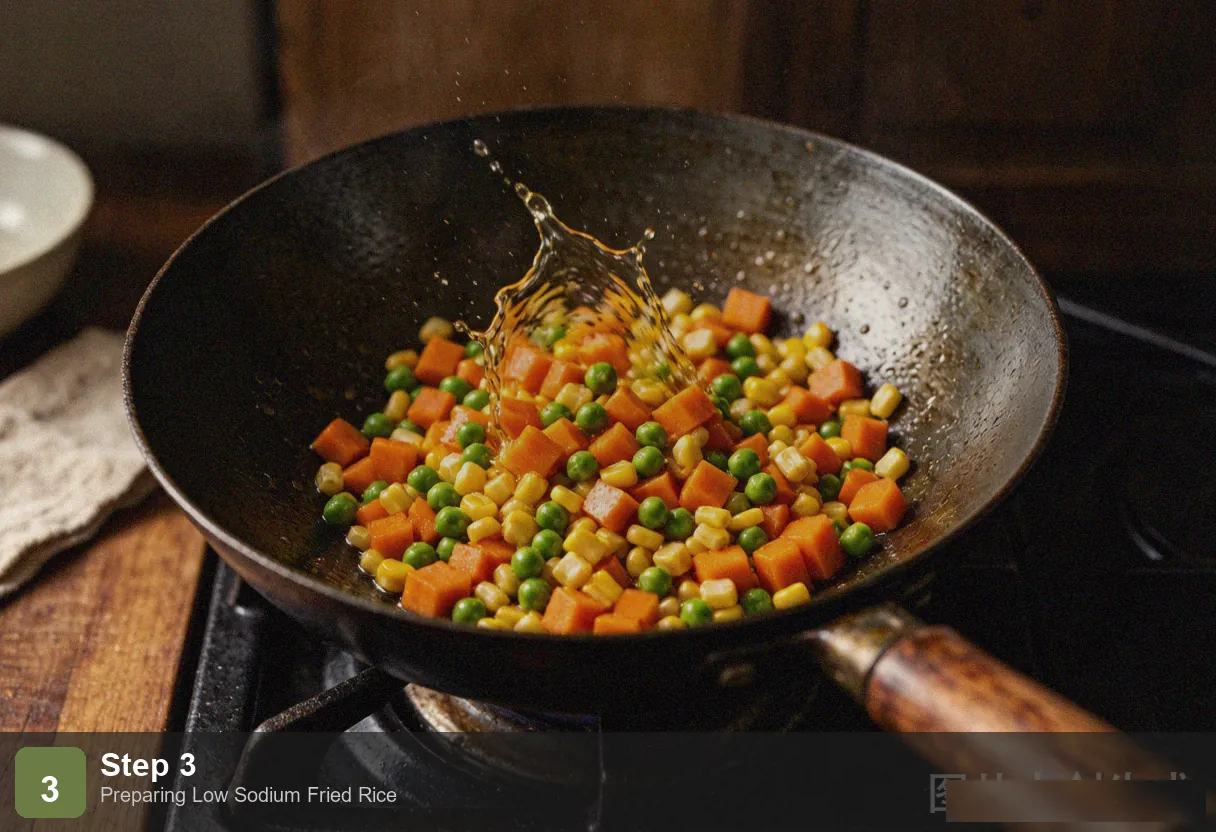 Low sodium fried rice step 3: garlic, ginger and scallion whites stir frying with peas and carrots in a wok Low sodium fried rice step 3: garlic, ginger and scallion whites stir frying with peas and carrots in a wok