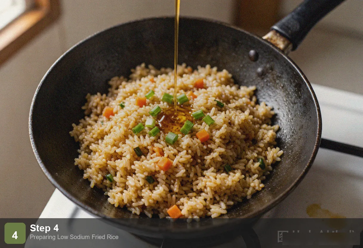 Low sodium fried rice step 4: rice being stir-fried in a wok, grains separating and becoming glossy Low sodium fried rice step 4: rice being stir-fried in a wok, grains separating and becoming glossy