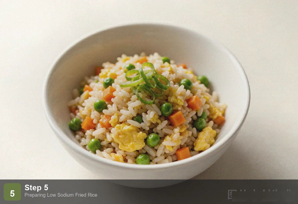 Low sodium fried rice step 5: finished fried rice in a wok, glossy and golden, garnished with scallions and sesame seeds Low sodium fried rice step 5: finished fried rice in a wok, glossy and golden, garnished with scallions and sesame seeds
