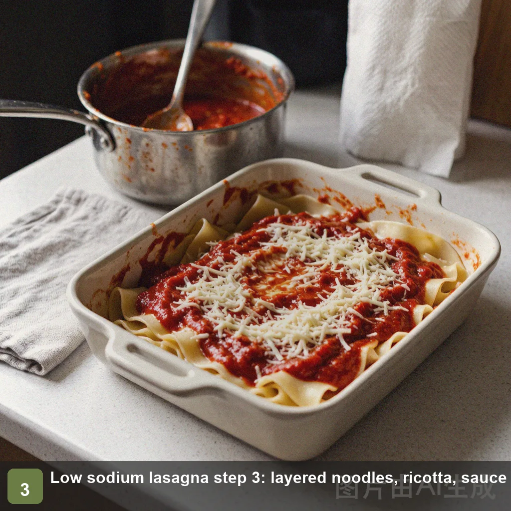 Low sodium lasagna step 3: layered noodles, ricotta, no-salt sauce and cheese in a baking dish Low sodium lasagna step 3: layered noodles, ricotta, sauce and cheese in a baking dish