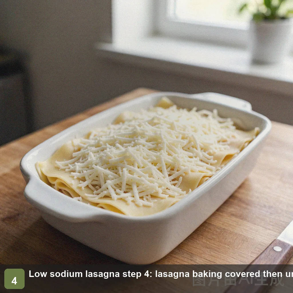 Low sodium lasagna step 4: lasagna baking covered with foil then uncovered until golden and bubbling Low sodium lasagna step 4: lasagna baking covered then uncovered until golden and bubbling