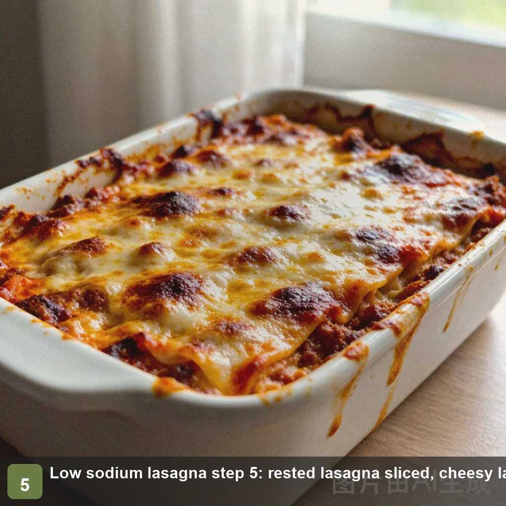 Low sodium lasagna step 5: rested low sodium lasagna sliced, cheesy spinach layers visible, ready to serve Low sodium lasagna step 5: rested lasagna sliced, cheesy layers visible, ready to serve