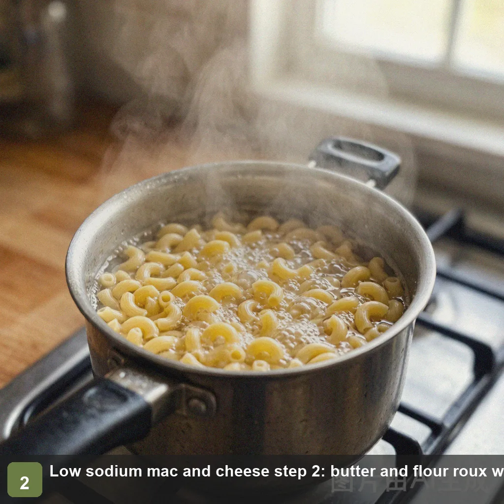 Low sodium mac and cheese step 2: butter and flour roux whisked with skim milk into a creamy sauce