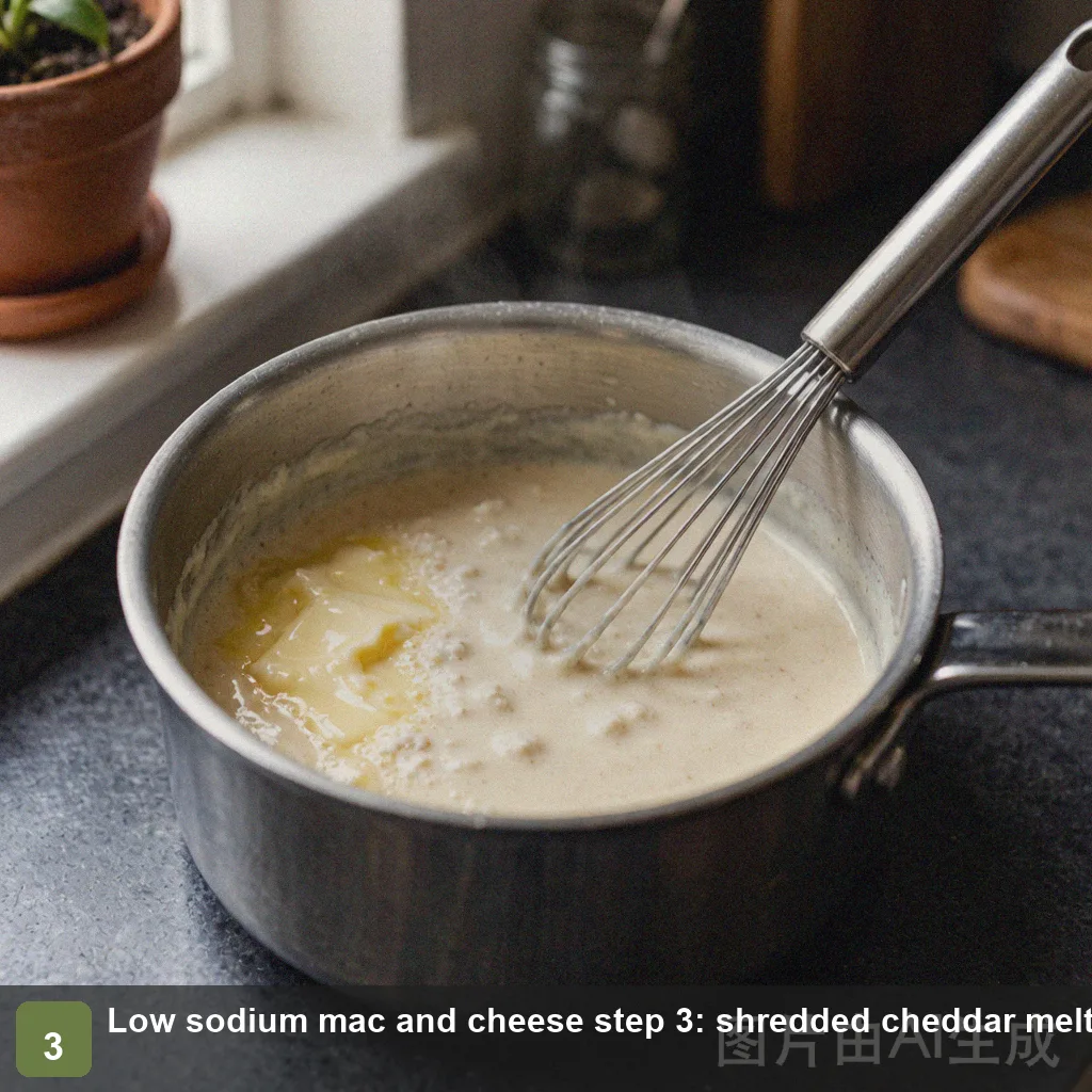 Low sodium mac and cheese step 3: shredded cheddar melting into the creamy sauce, no salt added