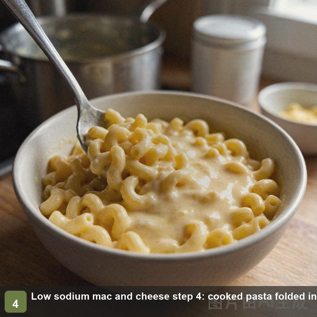 Low sodium mac and cheese step 4: cooked pasta folded into the cheese sauce until fully coated