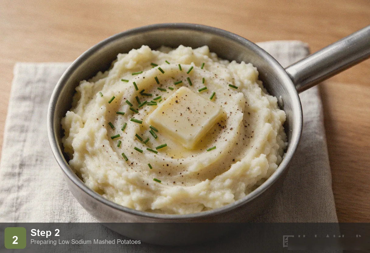 Low sodium mashed potatoes step 2: peeled russet potato chunks boiling in a pot, fork-tender Low sodium mashed potatoes step 2: peeled russet potato chunks boiling in a pot, fork-tender