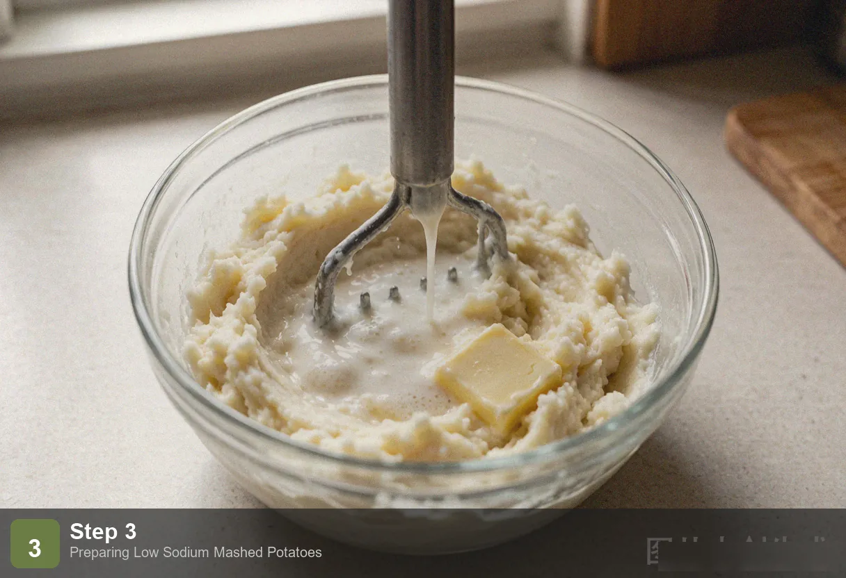 Low sodium mashed potatoes step 3: drained potato chunks back in hot pot, steam rising Low sodium mashed potatoes step 3: drained potato chunks back in hot pot, steam rising